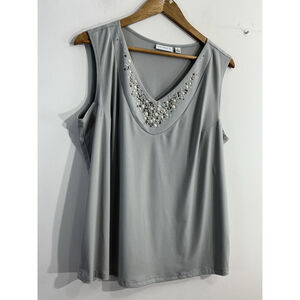 Womans Susan Graver Sleeveless Pullover Blouse XL Gray V Neck Stud Accent